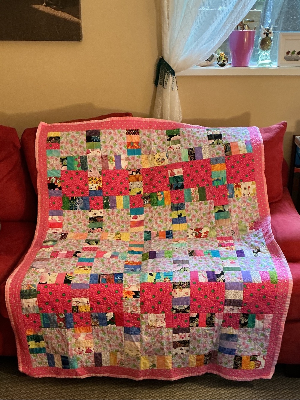 Handmade Patchwork Quilt Throw Pink Floral Scrap Quilt Cottagecore